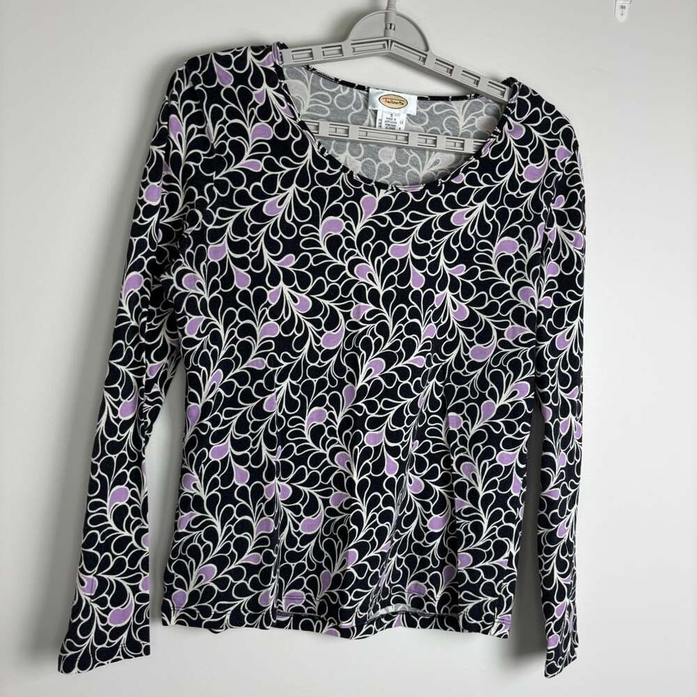 TALBOTS Long Sleeve Round Neck Top Womens S Black Purple Floral Stretch